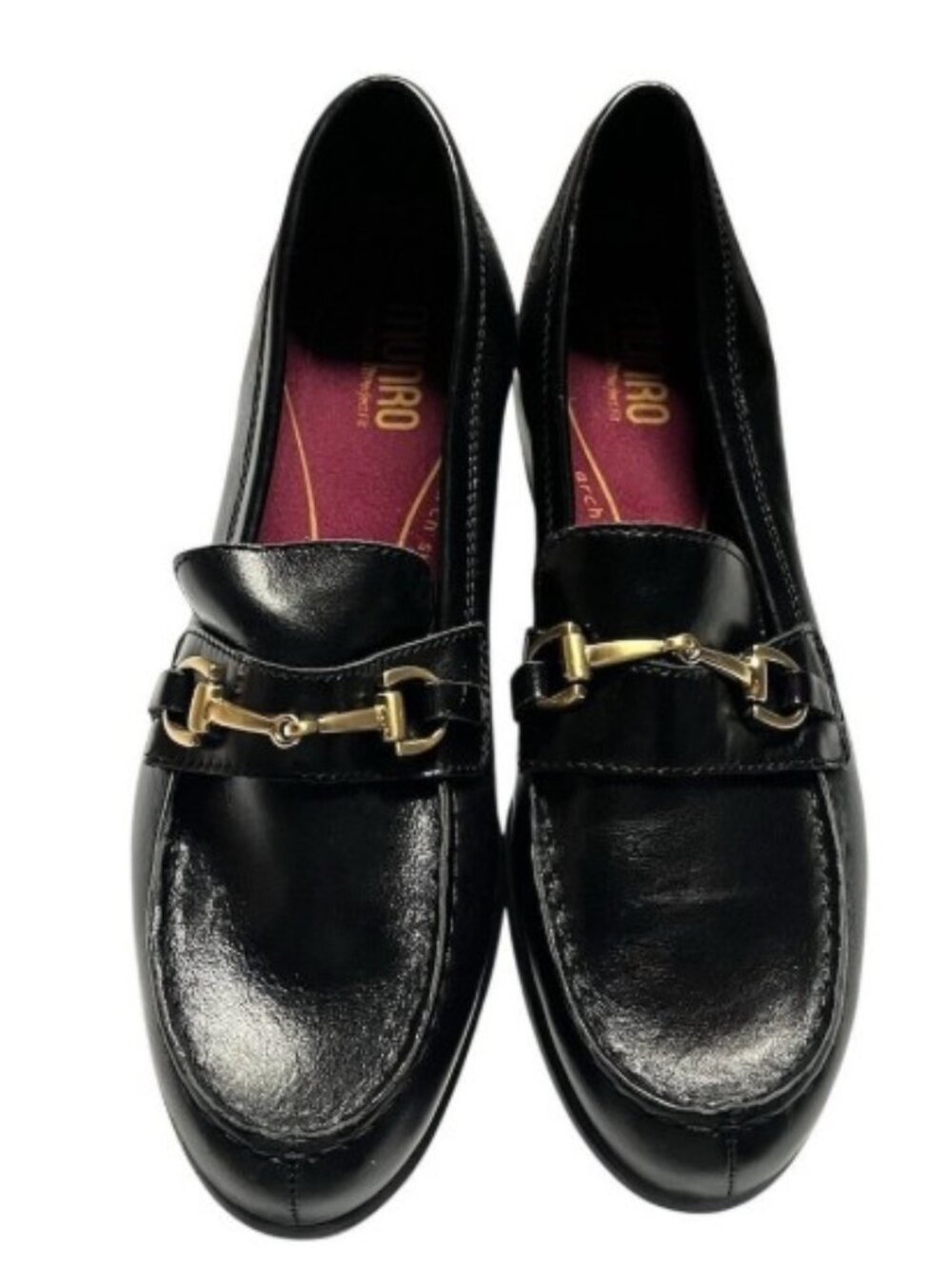 Munro Women Loafers 9 Narrow Black Gold Horse-Bit Detail, Arch Support 1.5" Heel